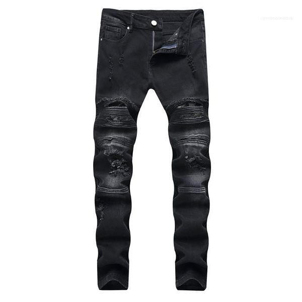 

apparel mens fashion designer jeans button fly zipper hole summer spring homme clothing straight pencil casual, Blue