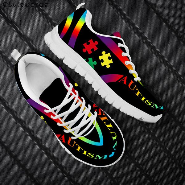 

elviswords brand designer women flats autism awareness printed gradient casual flat shoes for youth girls comfortable sneakers, Black