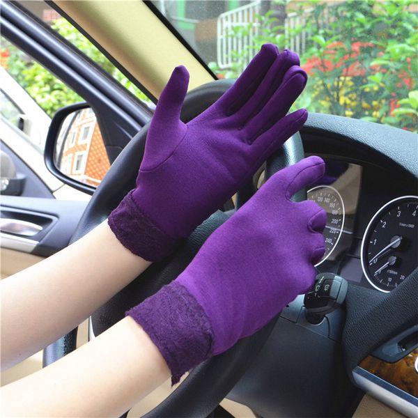 

autumn and winter mittens women' solid acrylic wide-edge lace brushed outdoor riding leisure dancing warm five-finger gloves, Blue;gray