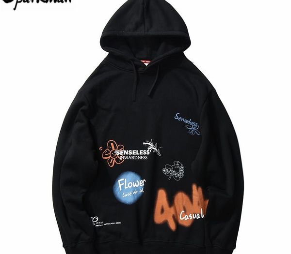 

2020 mens harajuku hoodie sweatshirt flower graffiti streetwear hip hop hoodie pullover sweatshirt autumn winter fleece cotton, Black