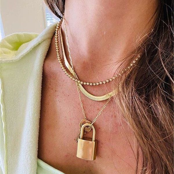 

punk gold color key lock многослойных ожерелья для женщин девушки цепи змейки шарма ожерелья партии ювелирных изделия collares, Silver