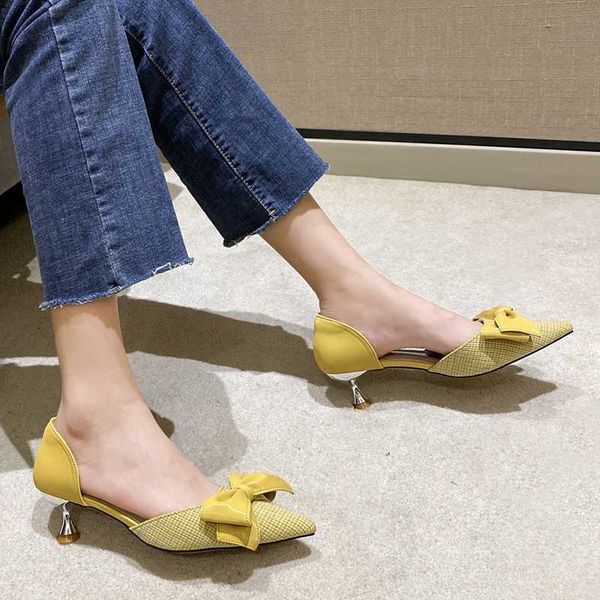 

ladies autumn pointed toe thin heels pumps women pink slip on leather pumps woman dropshipping sweet bow office shoes, Black