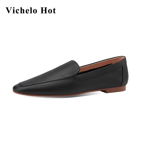 

vichelo korean girls genuine leather all-match square toe low square heel slip on beauty lady dress dating women pumps l01, Black