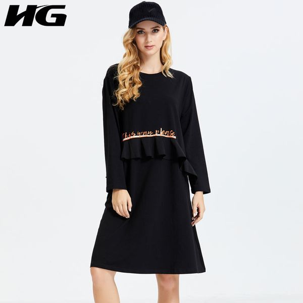 

hg patchwork print pattern ruffles dress women 2020 autumn casual fashion new style temperament o neck full sleeve dress zp2885, Black;gray