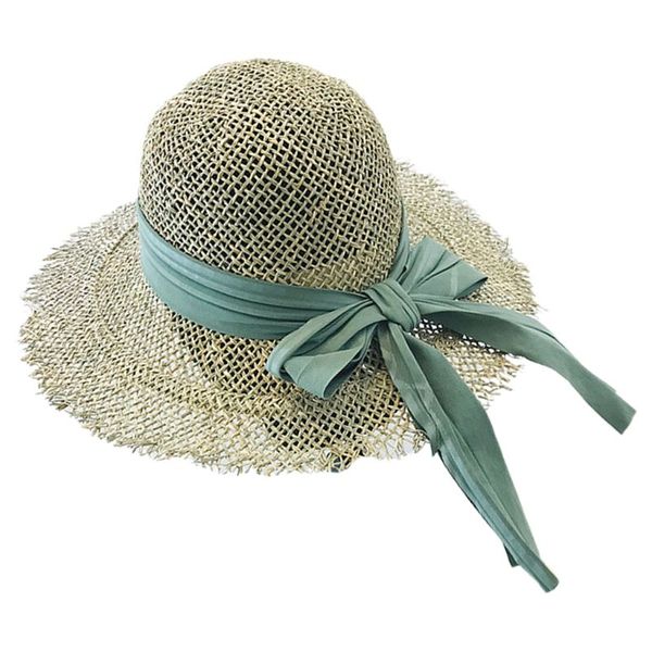 

women hollow out woven straw sun hat tassels wide brim bowknot ribbon beach cap m7dd, Blue;gray