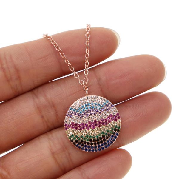 

new fashion 925 sterling silver lucky rainbow colourful tiny cz round pendant necklace for women men delicate jewelry party gift
