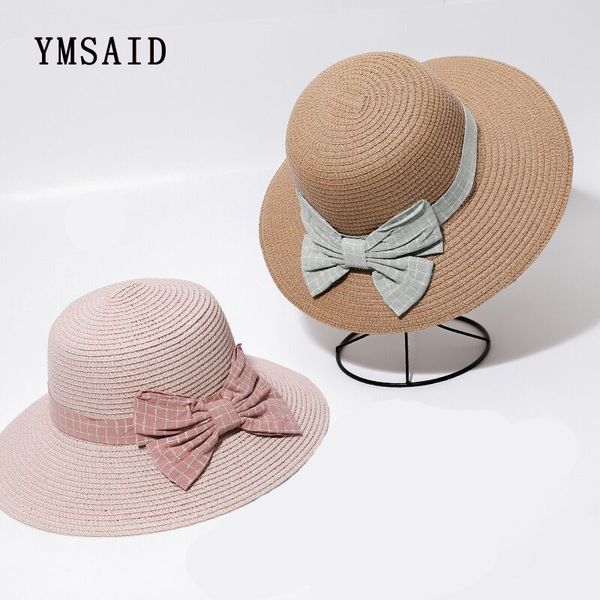 

2020 new summer women straw sun hats lady foldable beach hat fashion bow tie wide brim panama hat travel cap, Blue;gray