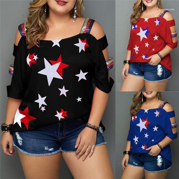 

разрез шеи блестки star printed tops плюс размер женская одежда сыпучие летний дизайнер женщин tshirts casaul, White