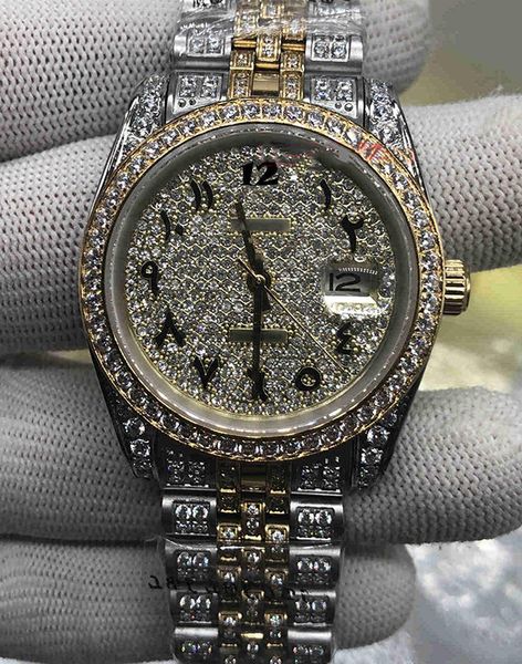 

watch fashion custom diamond watches arabic digital men watch gold scale face full diamond strap wristwatch automatic mechanical oatpr, Slivery;brown