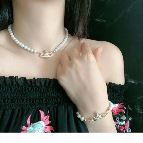 

2020 new products come to europe and the united states baroque retro classic saturn pearl diamond short necklace bracelet ing, Silver