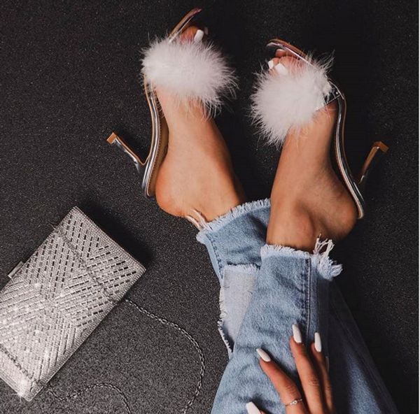 

shoes woman 2020 plush slippers for adults big size slipers women heeled mules thin heels fur new high silver slides rome, Black