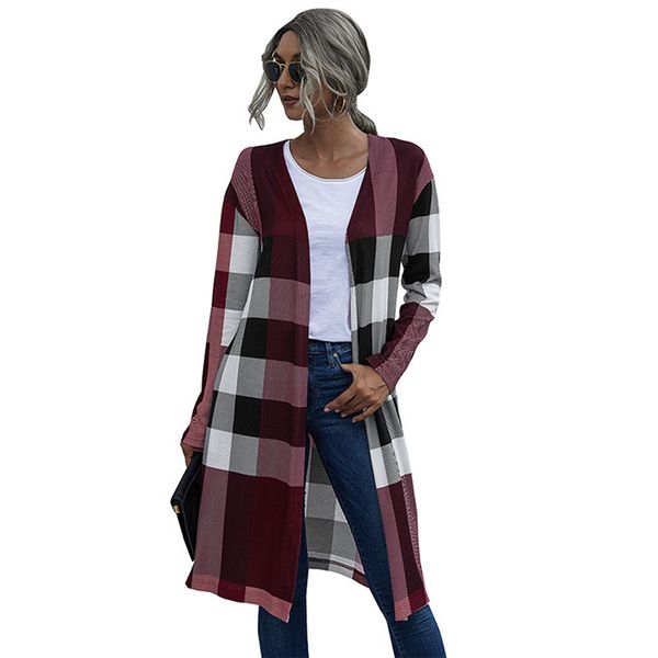 

plaid cardigan trench coats womens fashion straight long sleeve coats autumn elegant women designer outerwear clothing, Tan;black