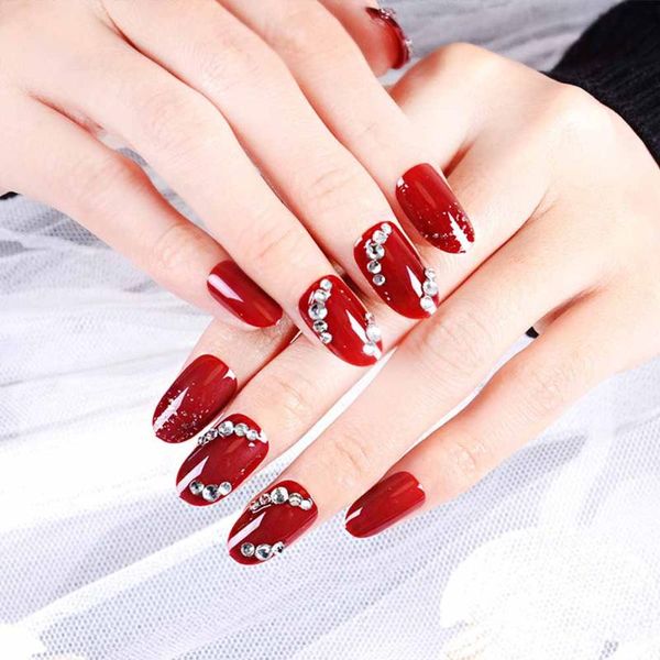 

false nails 24pcs nail paste patch art diamond glitter beautiful for women girls ladies, Red;gold