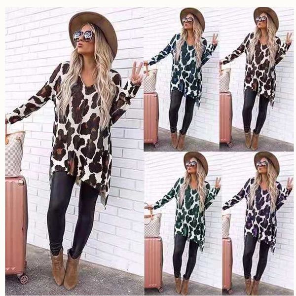 

summer womens designer tshirts loose leopard printed long sleeve v neck asymmetrical casual ladies clothing, White