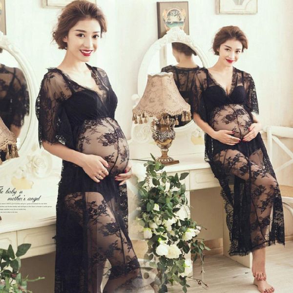 

women pregnants dress pgraphy maternity short sleeve solid sling lace long dress fashion maternity dresses new style, White