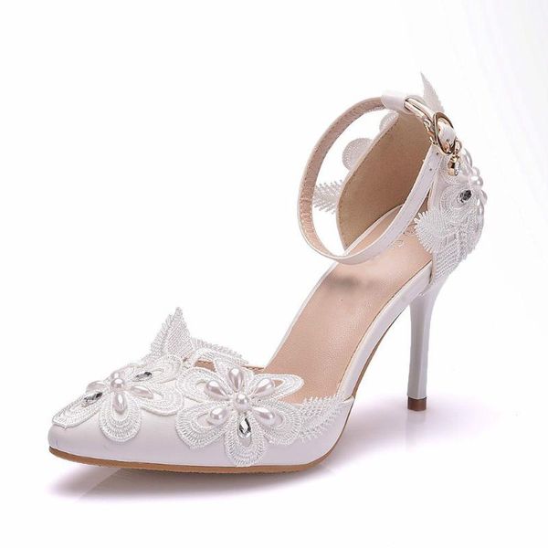 

9cm women white lace crystal wedding shoes woman wrist strap thin heel pointed bride pumps women's sandals auto show shoes 41 42, Black