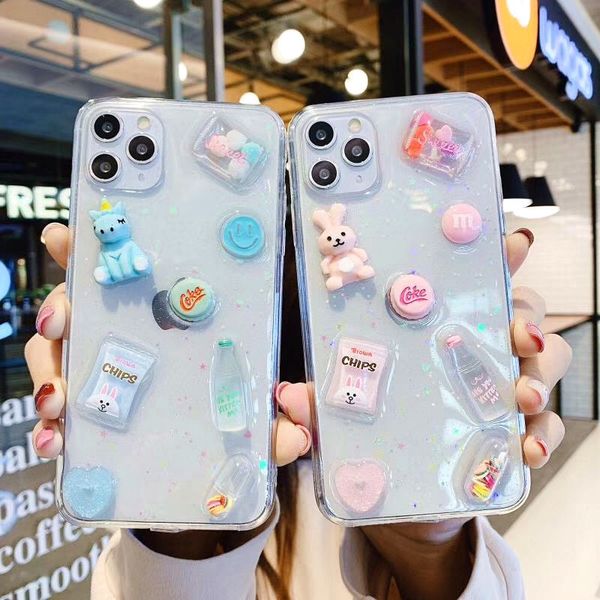 3D Cute Clear Cartoon Unicorn Drink Cassa del telefono per iPhone 11Pro Max SE 6 7 8 Plus XS MAX XR Epoxy Glitter Cover morbida trasparente