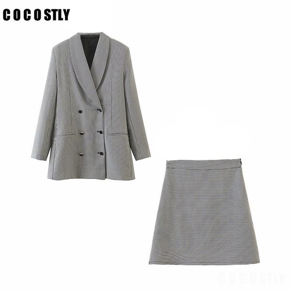 

2020 retro plaid blazer set double breasted jacket & skirt 2 pieces skirt suit female office ladies blazer suit, White