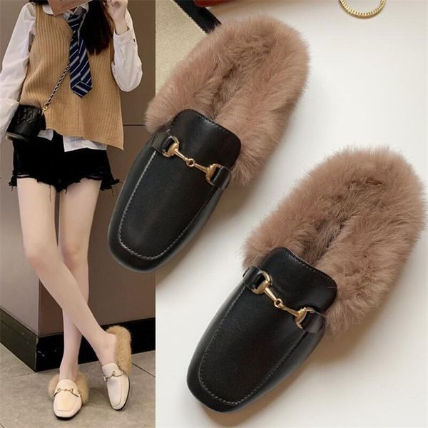 

2020 winter british style small leather shoes women hairy slippers flat bottom autumn and winter baotou wear half slippers women, Black