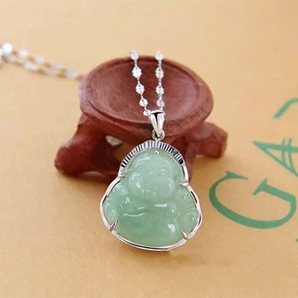 

silver inlaid jade buddha natural a goods pendant with sterling necklace maitreya buddha