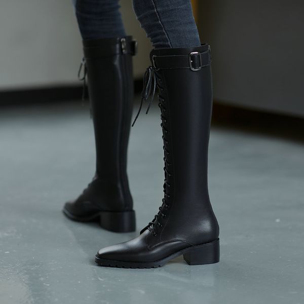 

boots elegant cow leather fashion design lace-up square heel shoes women's, Black