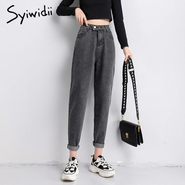 

women's jeans syiwidii mom women vintage high waist casual solid denim pants elastic trousers gray blue harem