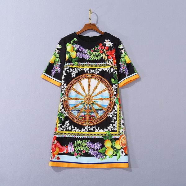 

805 2020 autumn a line short sleeve crew neck dress prom fashion flora print brand same dress beads sh, Black