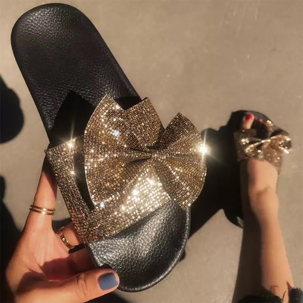 

women glitter slippers 2020 summer bling bowtie slides ladies fashion casual outdoor beach slippers footwear flat shoes women, Black