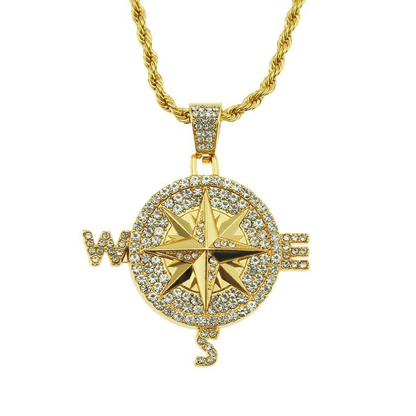 

gold plated alloy compass pendant with crystal hip hop necklace for men jewelry, Silver