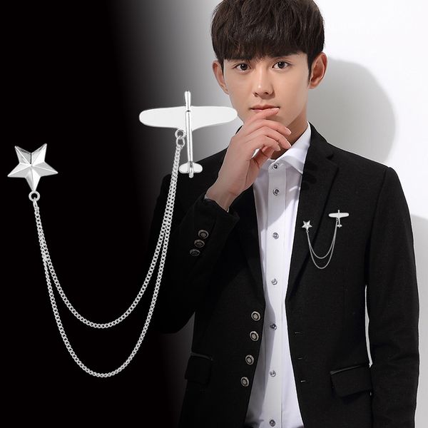 

pins, brooches korean fashion metal airplane brooch star tassel chain lapel pin men's suit corsage collar pins badge jewelry accessorie, Gray