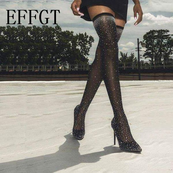 

effgt 2020 fashion runway crystal stretch fabric sock boots pointy toe over-the-knee heel thigh high pointed toe woman boot d08, Black