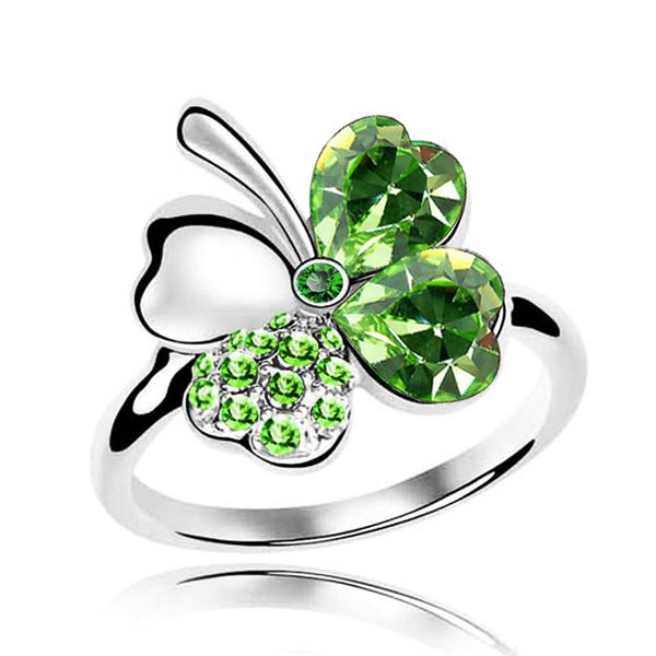 

2020 new factory wholesale austrian crystal rhinestones clover 4 leaf leaves heart finger rings jewelry 9554, Golden;silver