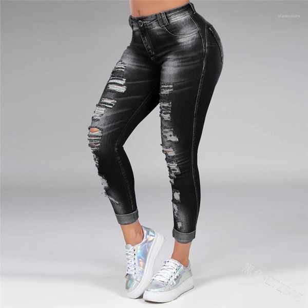 

skinny jeans with pockets fashion holes pencil pants high waist zipper fly casual apparel women designer, Blue