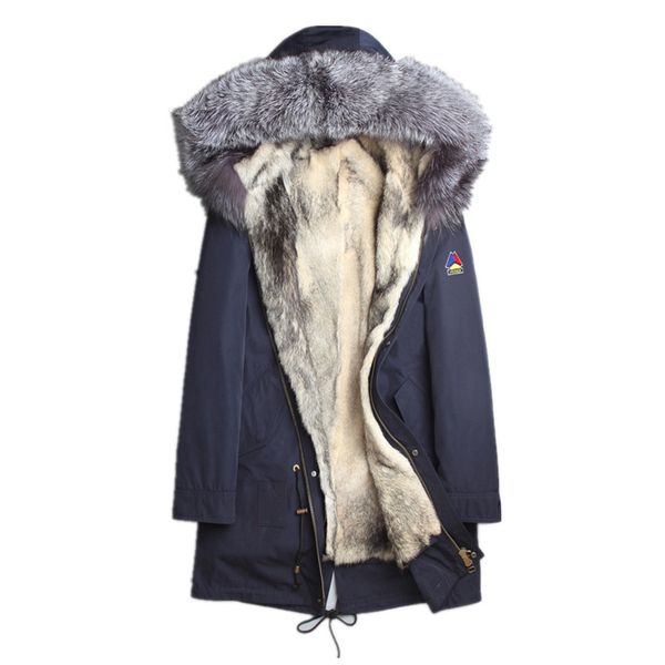 

men's leather & faux men natural wolf fur coat real collar parka clothes 2021 long overcoat winterjas heren l18-3001 my792, Black