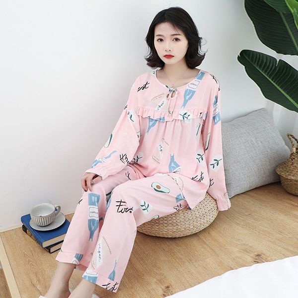 

women's sleepwear 2021 summer pijamas o neck long sleeve printing female nightwear plus size loose with ruffles casual ladies, Black;red