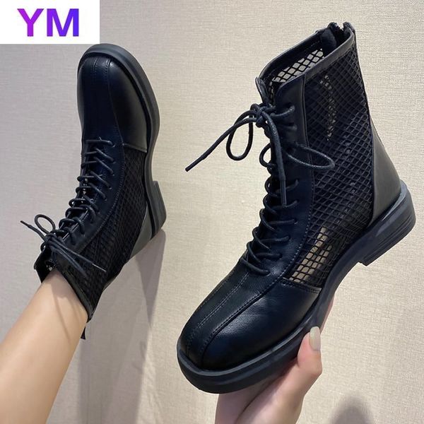 

2020 thick heel boots women summer new trendy women's shoes retro british hollow breathable short boots lace-up round toe, Black
