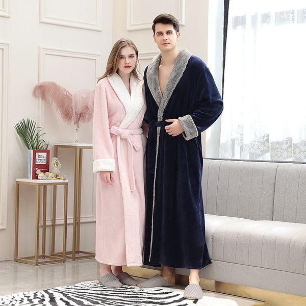 

women's sleepwear autumn and winter robe plus long flannel couple nightgown thick lace-up solid color home, Black;red