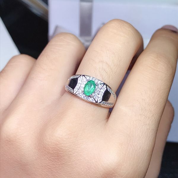 

tested 0.5 natural emerald men's ring, 925 sterling silver precious oval gemstone fine jewelry with certificate and box, Golden;silver