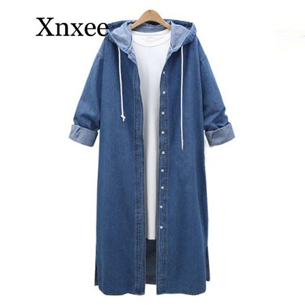 

women loose long sleeve hooded denim jacket coat ladies casual buttons long jean coat cardigan outwear loose blue, Tan;black