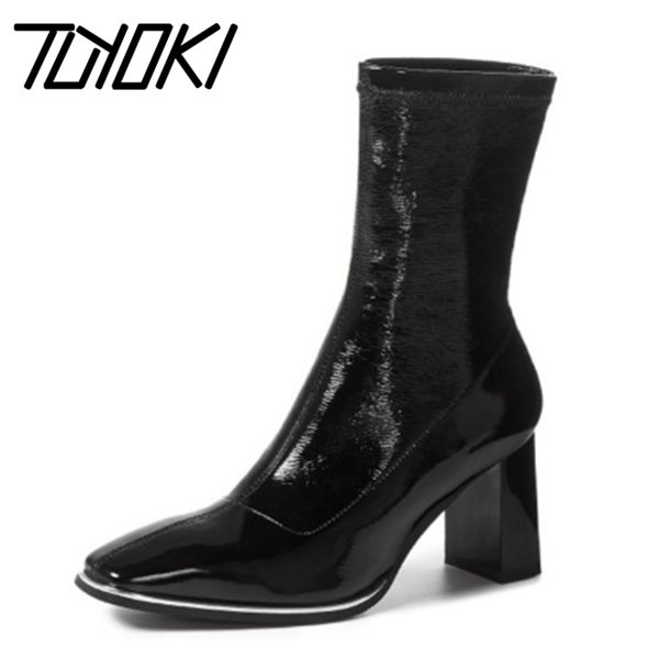 

boots tuyoki 2021 fashion ankle for women square toe thick high heel slip on sock party street footwear size 34-39, Black