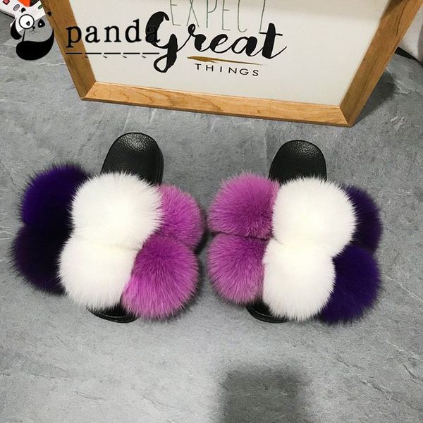 

selling wholesale womens custom real slippers fluffy sandals fox fur slides for women, Black