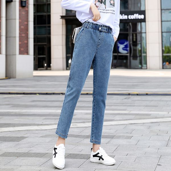 

2020 autumn student straight pants elastic waist denim pants slacks, Blue