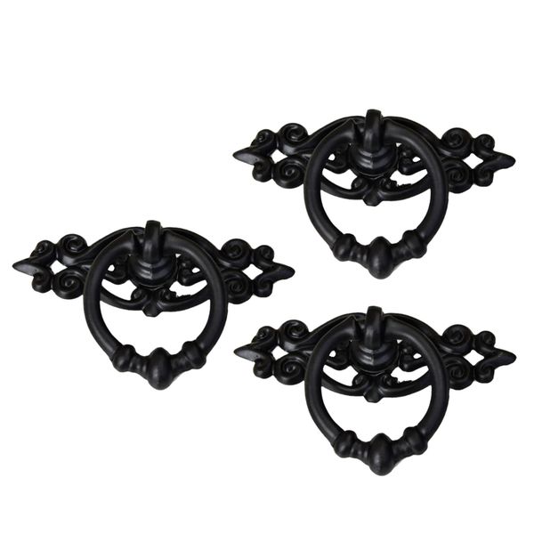 

3 piece black antique cabinet door drawers cupboard ring pull handle retro knob