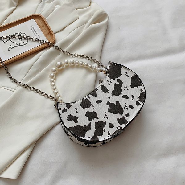 

vintage pearl chain women armpit handbags fashion pu leather ladies messenger bag cow pattern ladies small purse shoulder bag