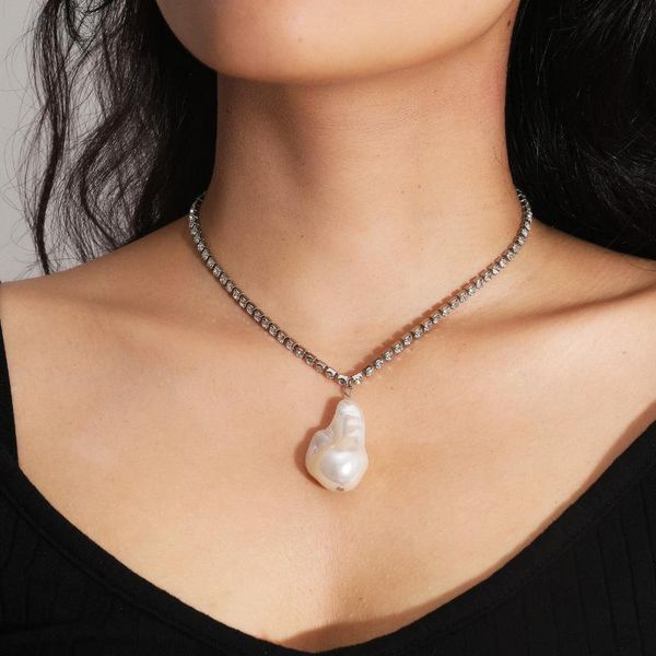 

luxury clear cz tennis chain choker necklace women iced out chain imitation irregular baroque pearl necklace aesthetic jewelry, Silver