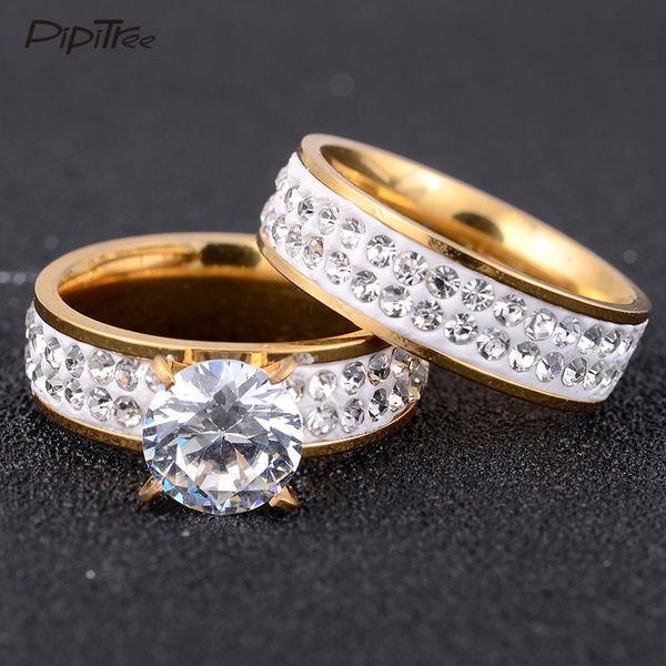 

2pcs/set,2020 new fashion gold color stainless steel wedding ring set cz crystal jewelry women men's rings couple promise gift, Golden;silver