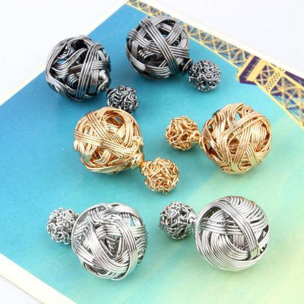 

runway ball scrub drawing yarn earrings hollow ear of plug celebrity pearl sided bead studs fashion double lihuibusiness ahngo, Golden;silver