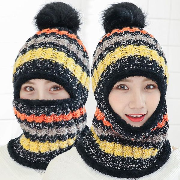 

1 piece women's warm squat hat hat riding snow hat winter knit scarf set hair ball pom-pom fashion wool thick collar, Black;white