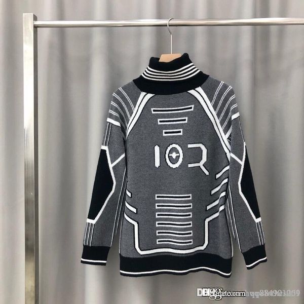 

2019 men and women fashion technology long-sleeved knit sweater black and white line letter decorative sweatshirt high collar loose sweater, White;black