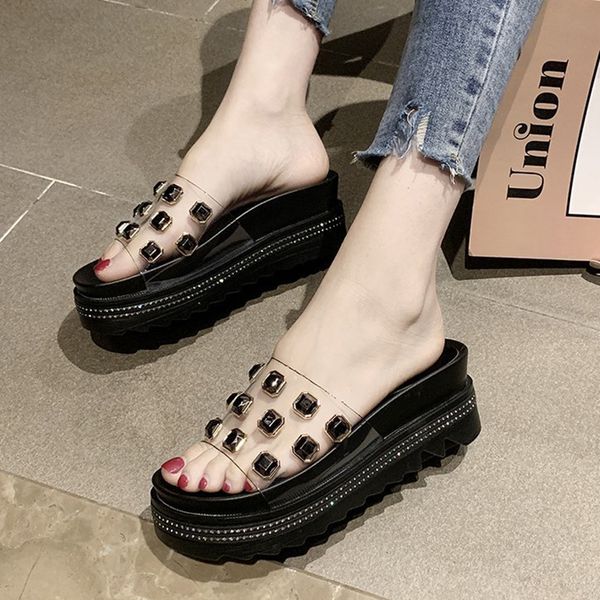 

dropshipping transparent platform slippers women stylish metal decoration beach slides woman shiny crystal thick bottom sandals, Black